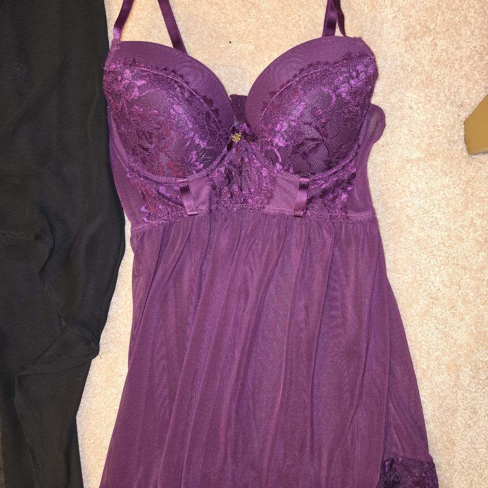 Womens Size Medium Sexy Black and Purple Intimates Langerie Babydoll Set - Picture 7 of 13